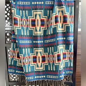 Geometric Patterned Scarf in Teal and Cream